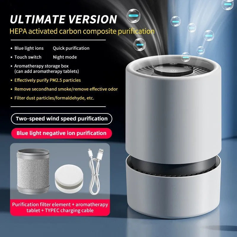 White desktop air purifier with USB cable for small room formaldehyde and odour removal.