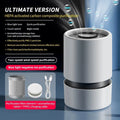 White desktop air purifier with USB cable for small room formaldehyde and odour removal.