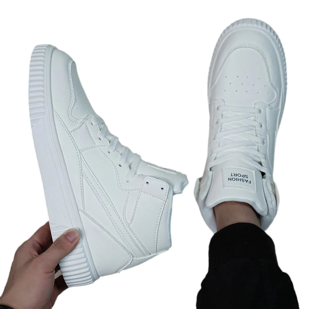 White men's round-toe casual shoes with a microfiber upper on a plain background.
