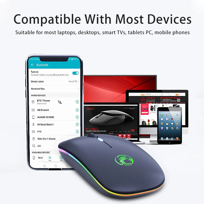 Black or white dual-mode wireless silent mouse with USB charging cable on desk