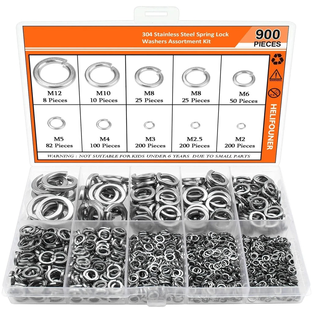 304 stainless steel spring lock washer combination box containing 900 pieces with 2-12mm diameter range