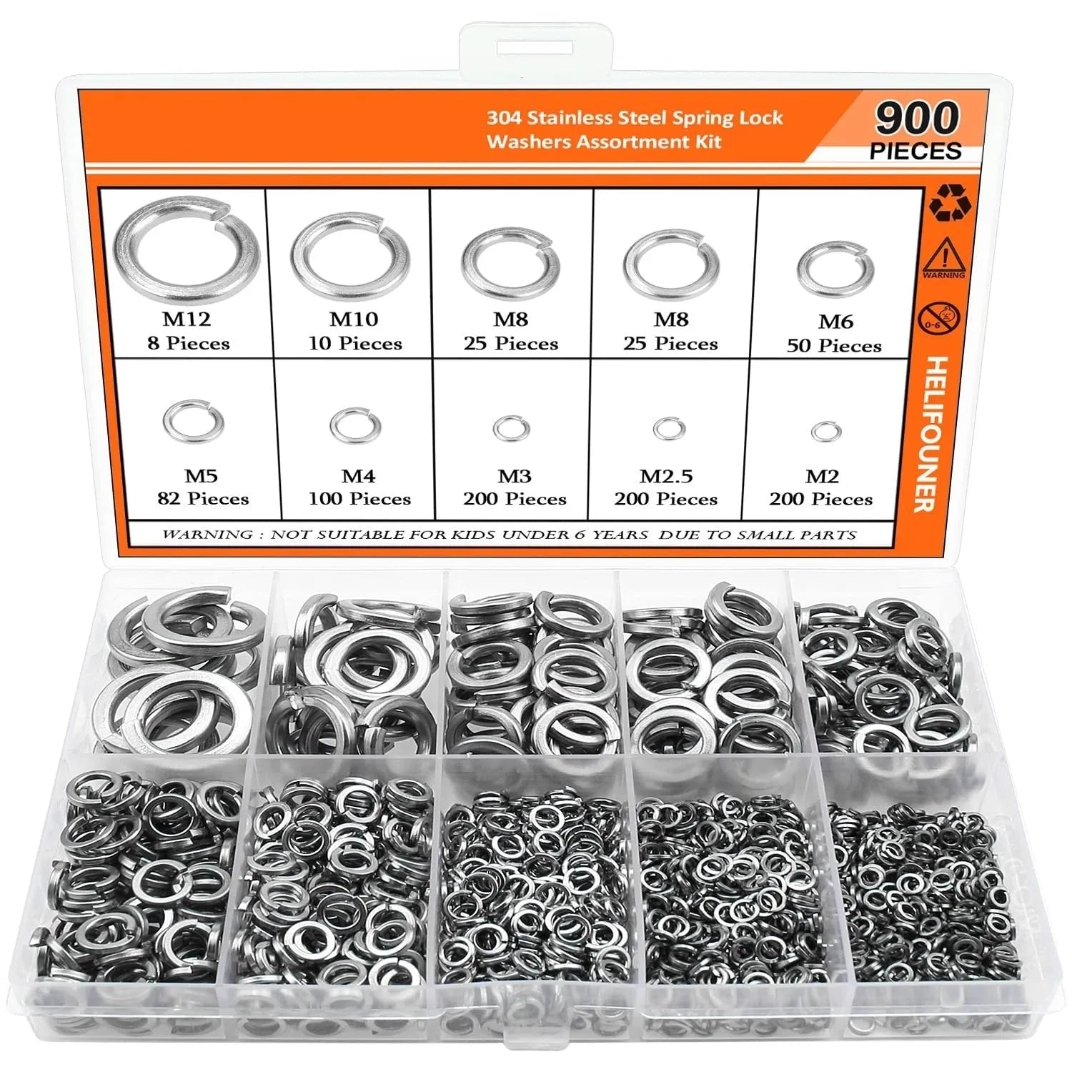 304 stainless steel spring lock washer combination box containing 900 pieces with 2-12mm diameter range