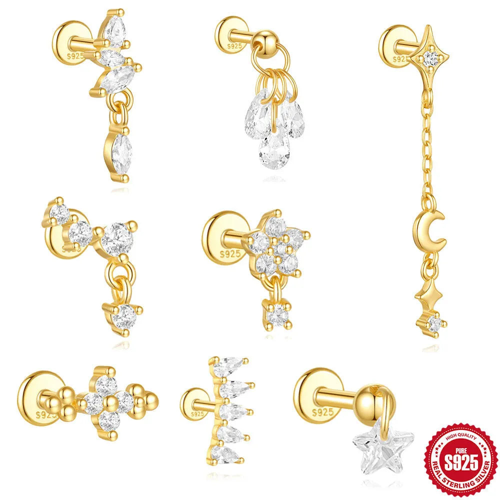 S925 sterling silver geometric moon and star earrings with diamond accents in gold tone