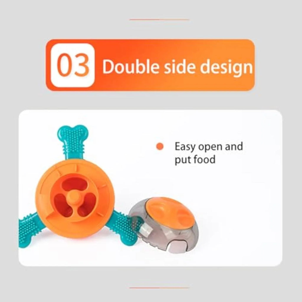 Blue interactive dog puzzle feeder with rubber bones, shown next to a small puppy