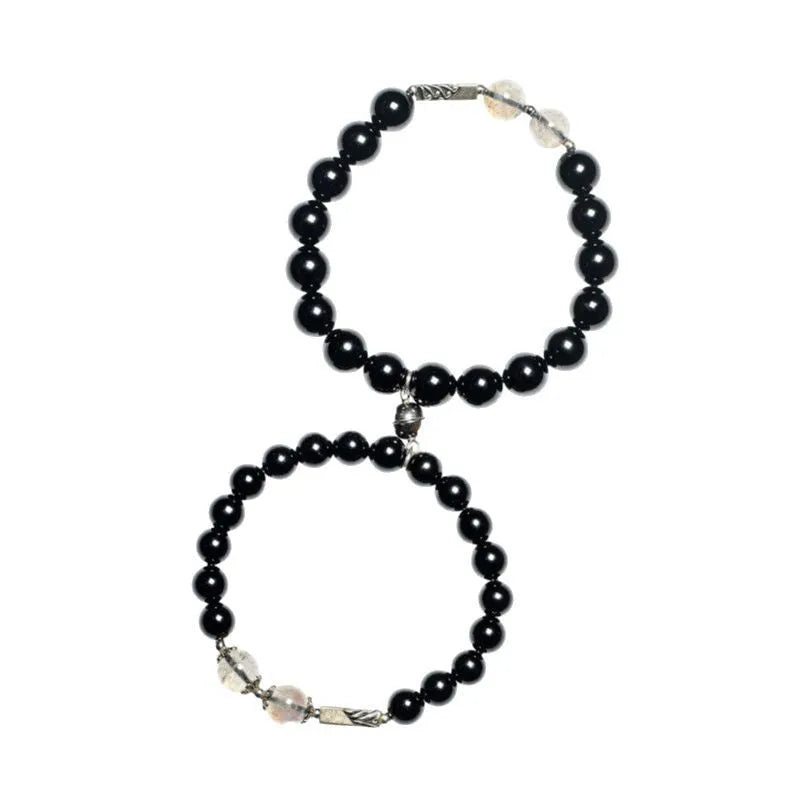 Obsidian Buddha beads couple bracelet DIY kit showing 8mm and 10mm beads with stringing materials