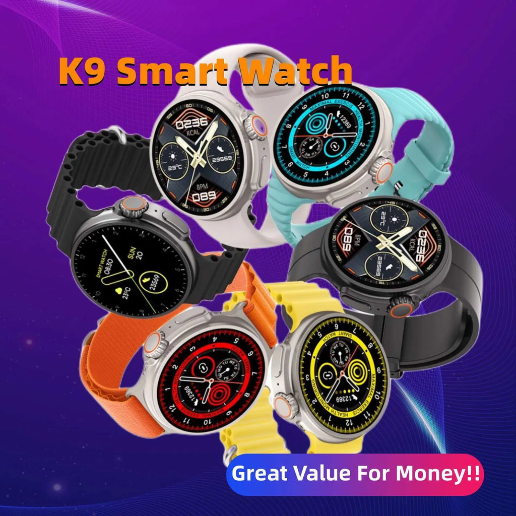 K9 smart watch with round screen and silicone strap showing NFC payment and health tracking features