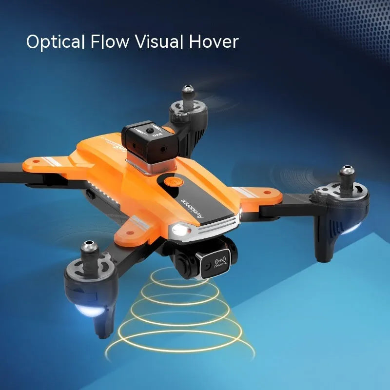 Orange quadcopter drone with dual cameras and obstacle avoidance sensors, compact size under 30cm