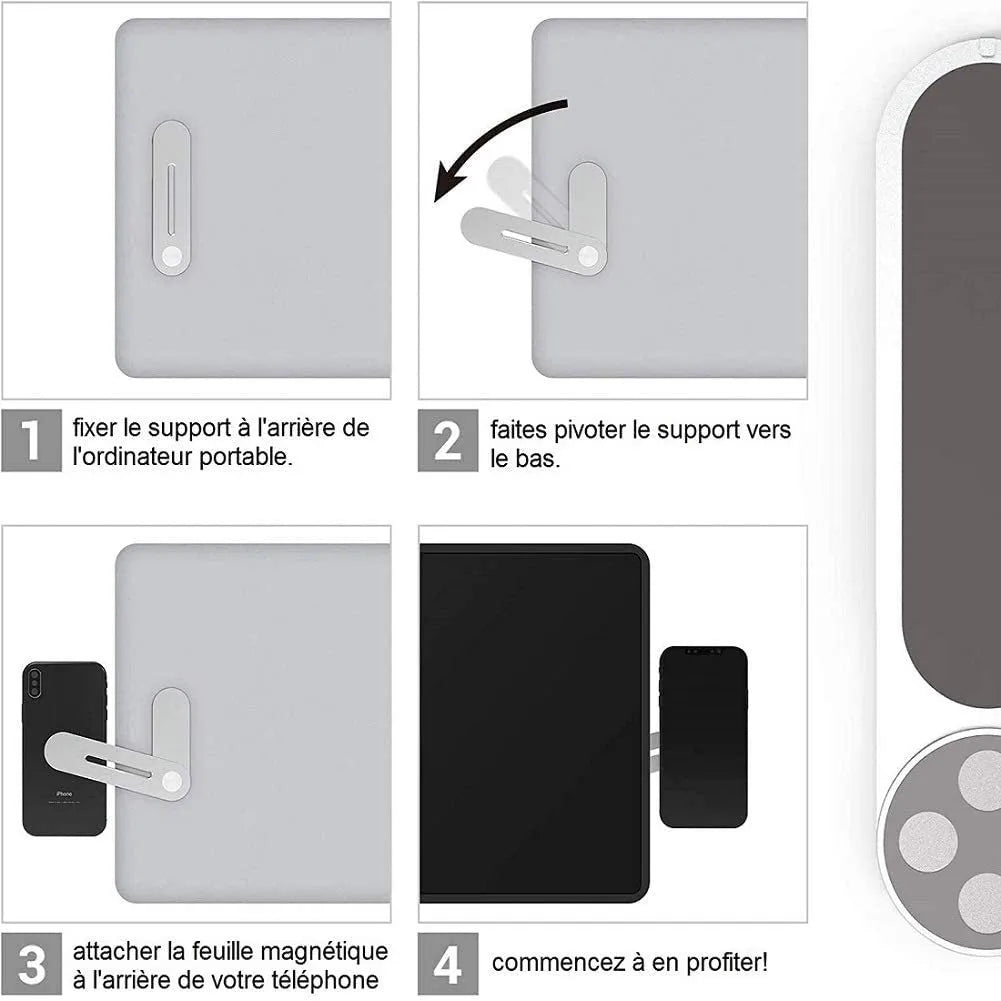 Aluminium alloy laptop side mount bracket holding a smartphone, shown in silver, black, and rose gold colours.