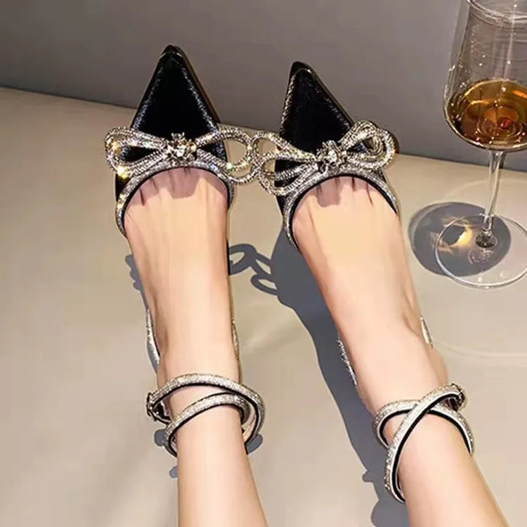 French style women's stiletto heel sandals with a silk bandage back and buckle closure, in multiple colours.