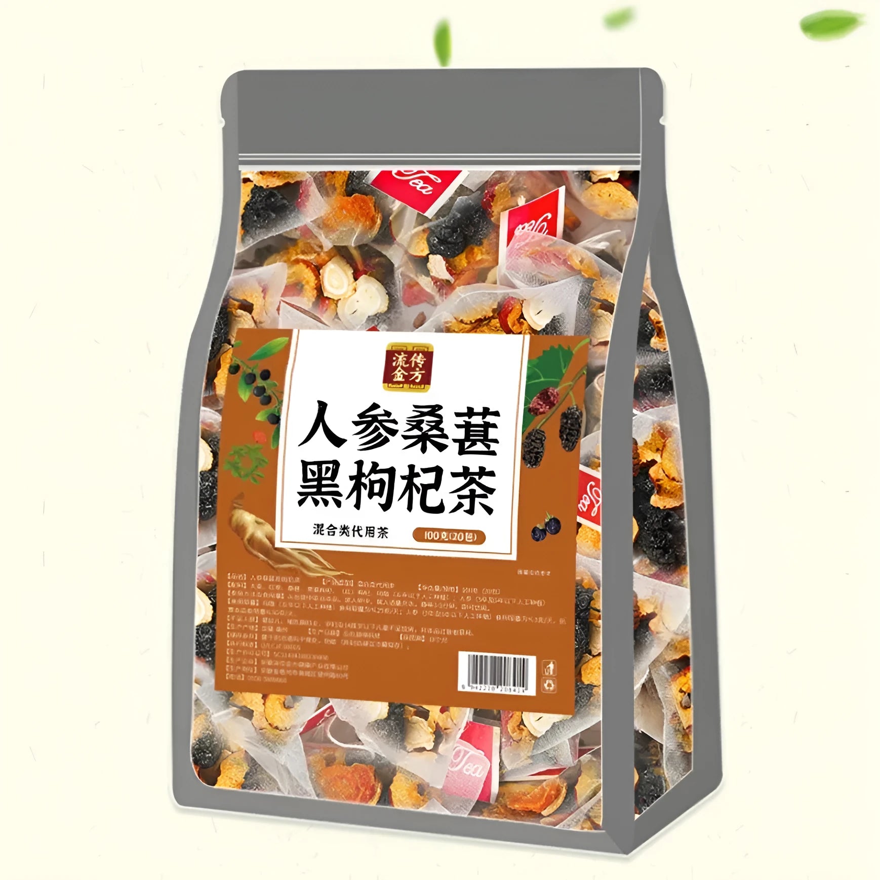 Ginseng Mulberry Black Wolfberry Tea package with 40 individual sachets, total weight 200g.