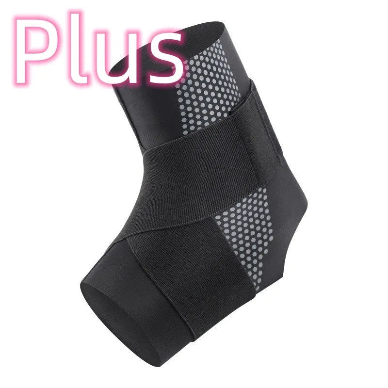 Black Lycra ankle support brace wrapped around an adult ankle.