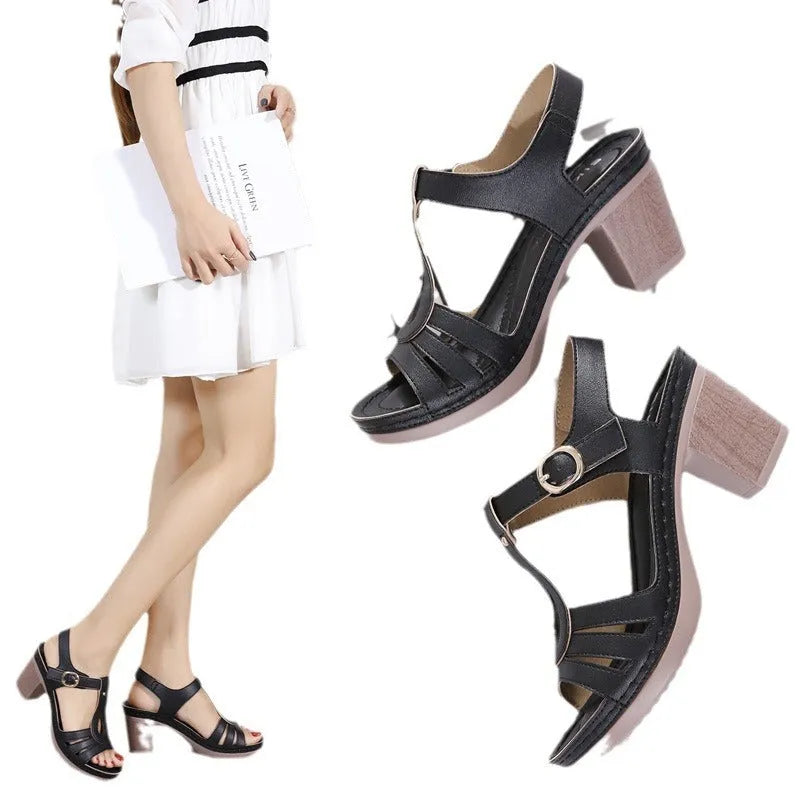 Women's patent leather sandals with thick high heel, metal buckle, and stitching detail in apricot colour.