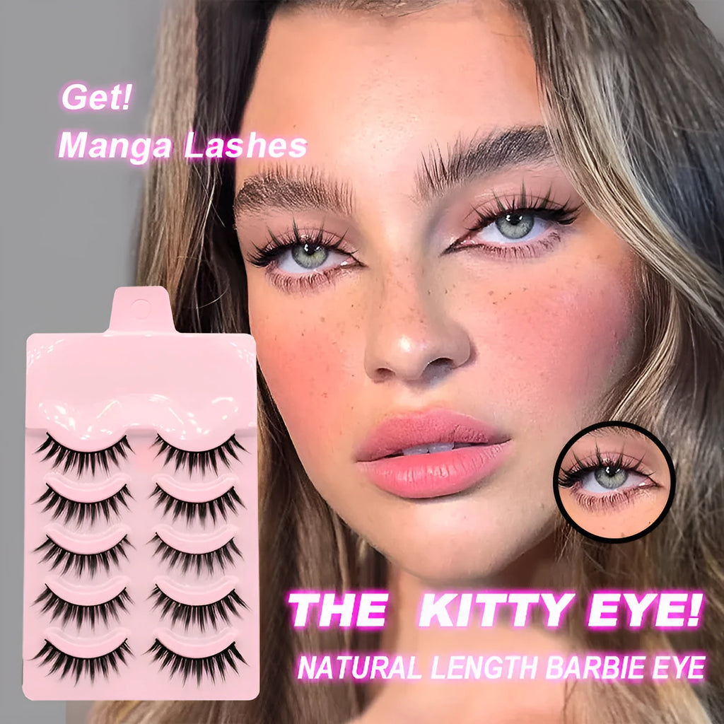 5 pairs of manga-style false eyelashes on a black strip, showing natural wispy Korean makeup look.