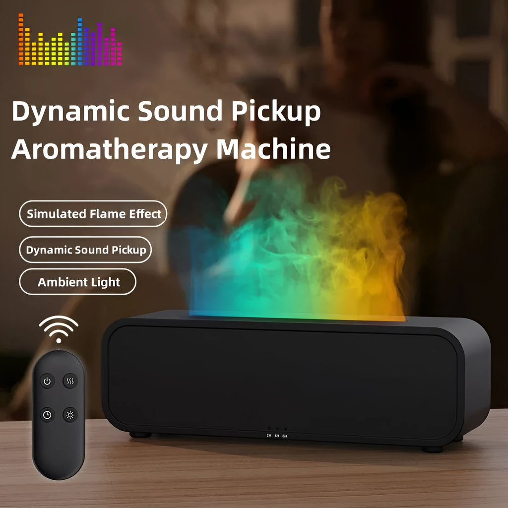 Black Flame Dynamic essential oil aroma diffuser with remote control on a wooden table, showing colour-changing LED lights.