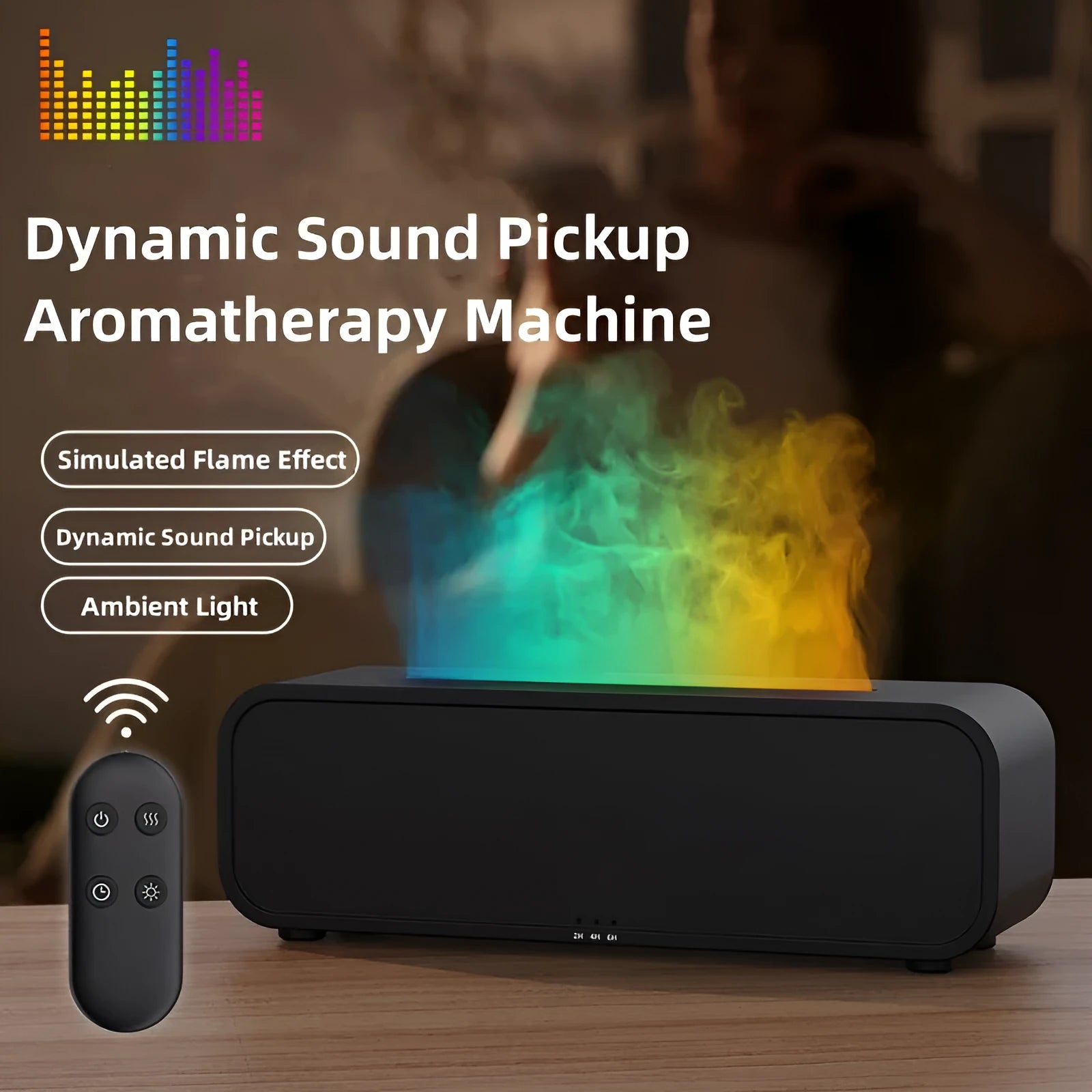 Black Flame Dynamic essential oil aroma diffuser with remote control on a wooden table, showing colour-changing LED lights.