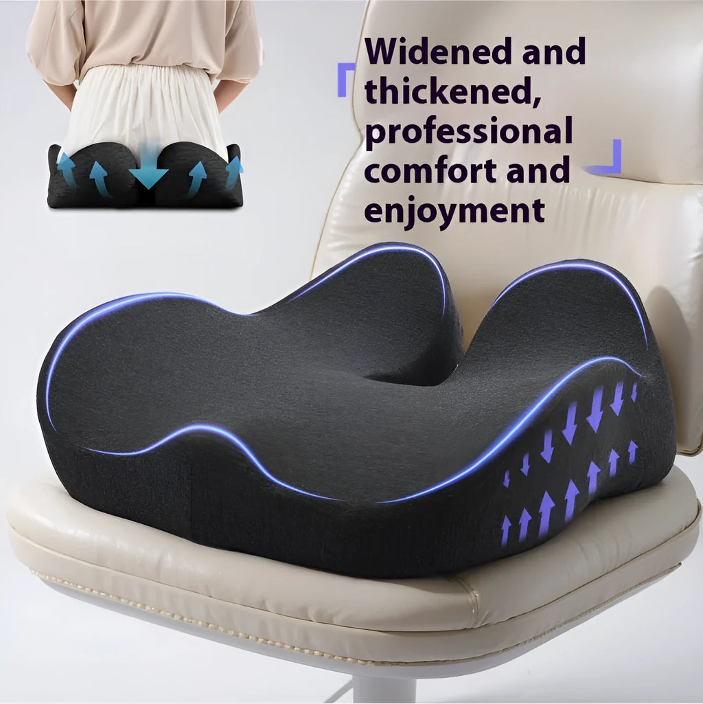 Memory foam office chair cushion in black, green or light grey measuring 46x43cm