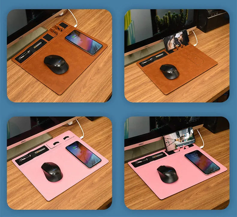 Wireless charging mouse pad with mobile phone holder in PU leather, 320mm x 260mm size