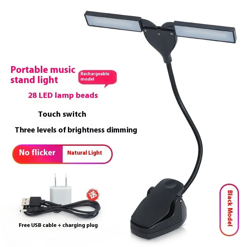 Black rechargeable music stand lamp with 28 soft LED lights for sheet music