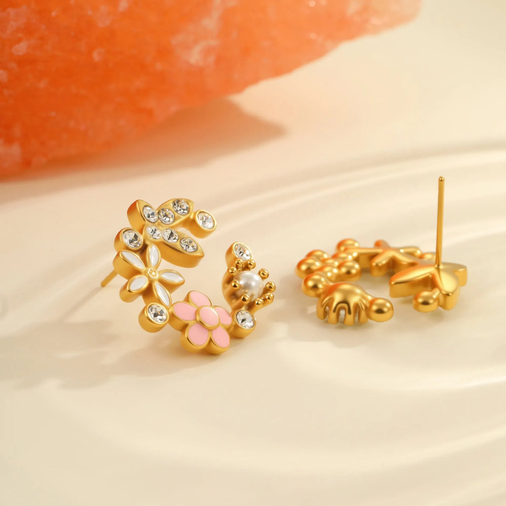 Gold plated flower stud earrings with petal design on stainless steel base