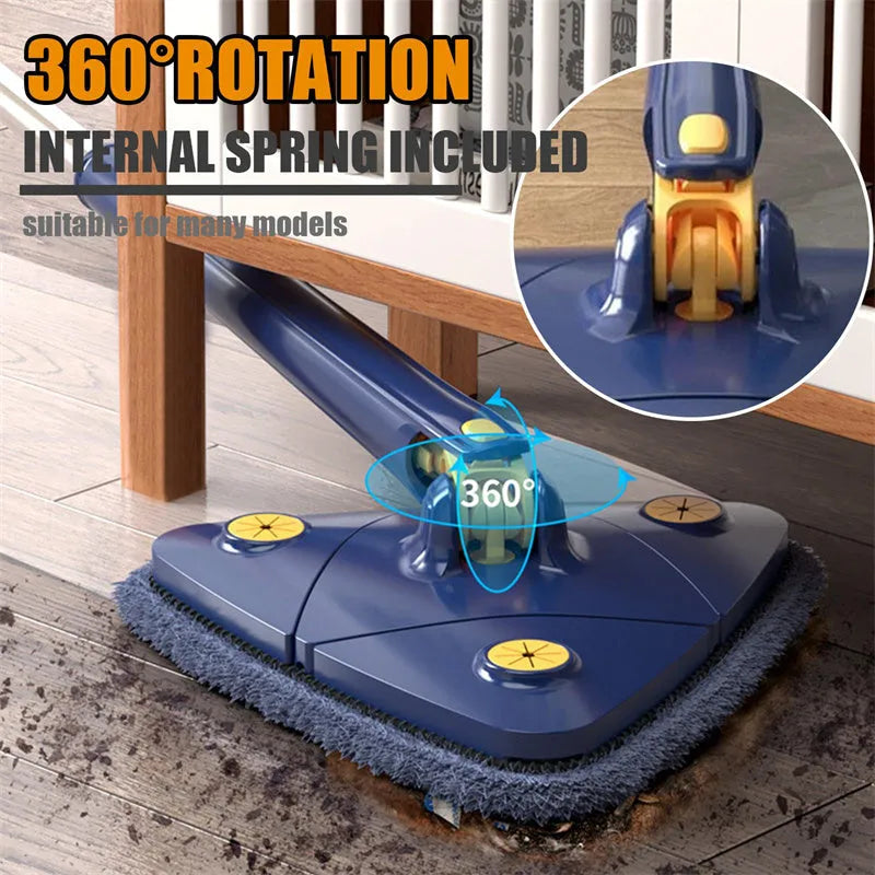 Blue extendable triangle cleaning mop with rotatable head on a stainless steel pole.