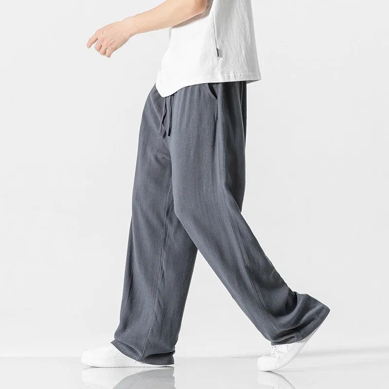Men's bamboo fibre linen trousers in cropped length with drawstring waist and straight-leg cut