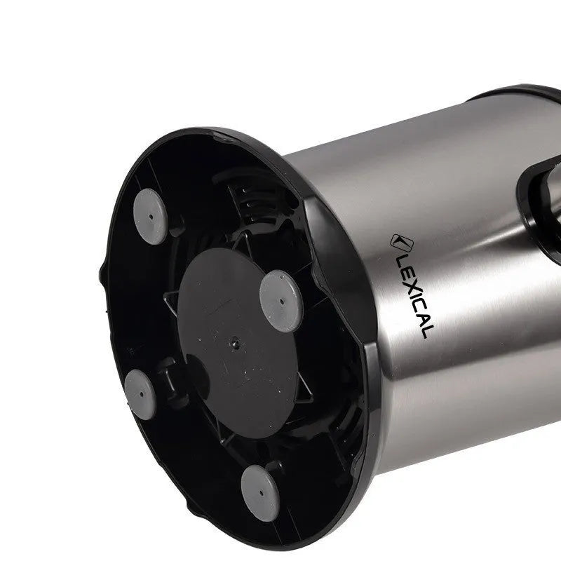 Stainless steel electric juicer for separating lemon and orange juice.