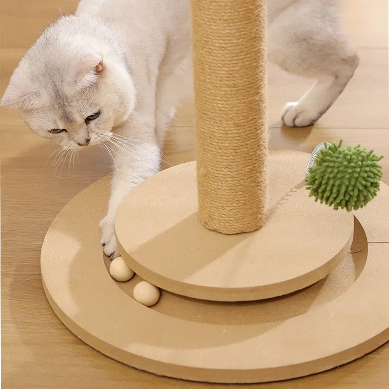 Canna coloured cat climbing frame with hemp rope scratch surfaces and a chamfered grab column.