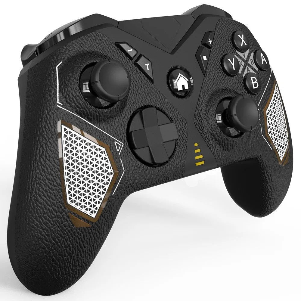 Black wireless game controller for Nintendo Switch with a leather-pattern texture on the grips.