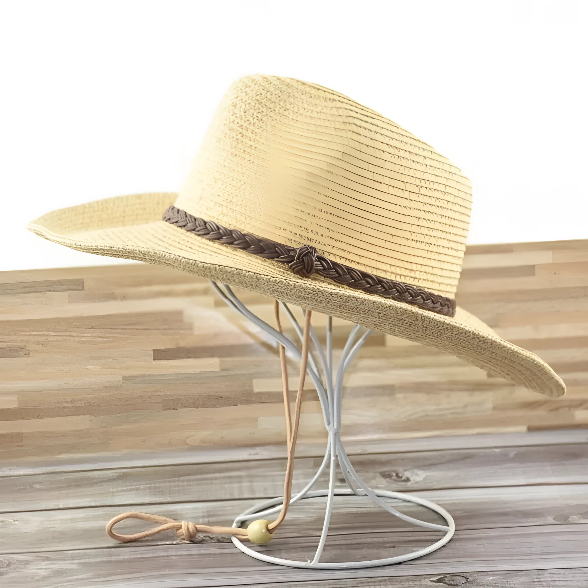 Men's foldable straw sun hat with a wide brim shown in a beige colour.