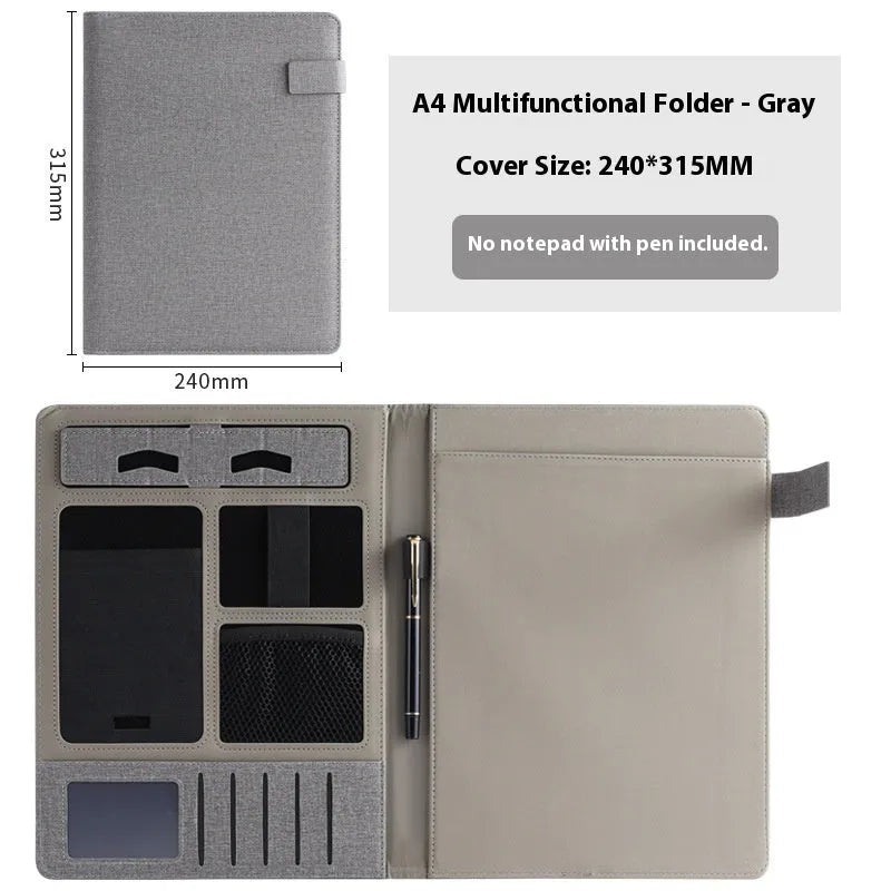 Black leather A4 business folder with pen holder and notepad for document organisation