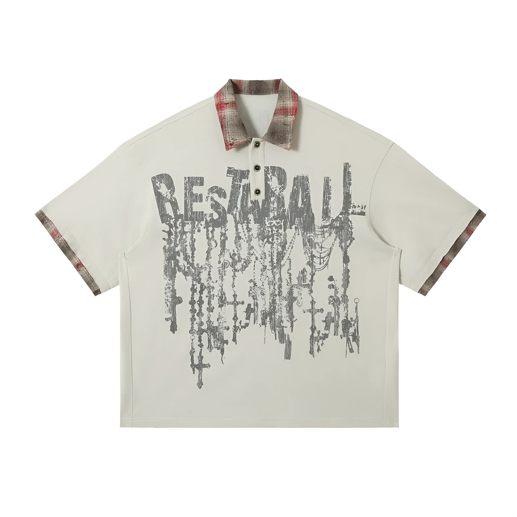 Men's loose fit short-sleeved top with graffiti print on asymmetric lapel in blue or red.