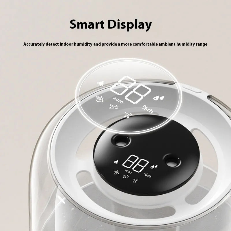 Beige round USB portable humidifier with digital display, dual spray nozzles, and night light on