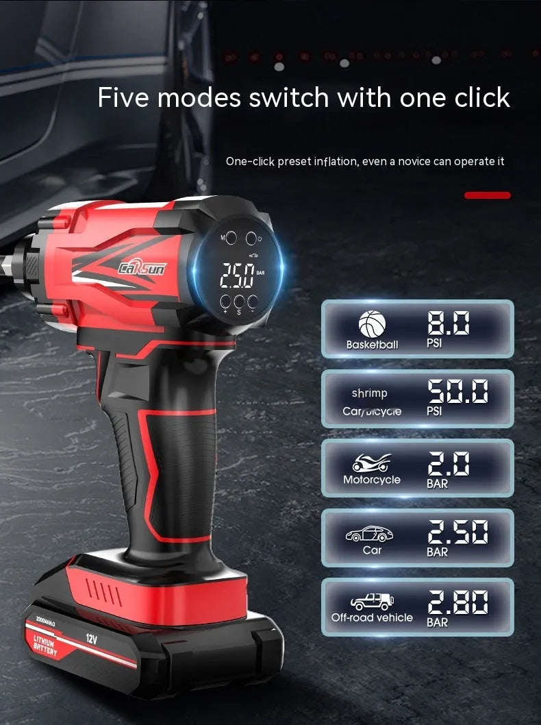 Red and black portable car air pump with wired and wireless operation for tyre inflation