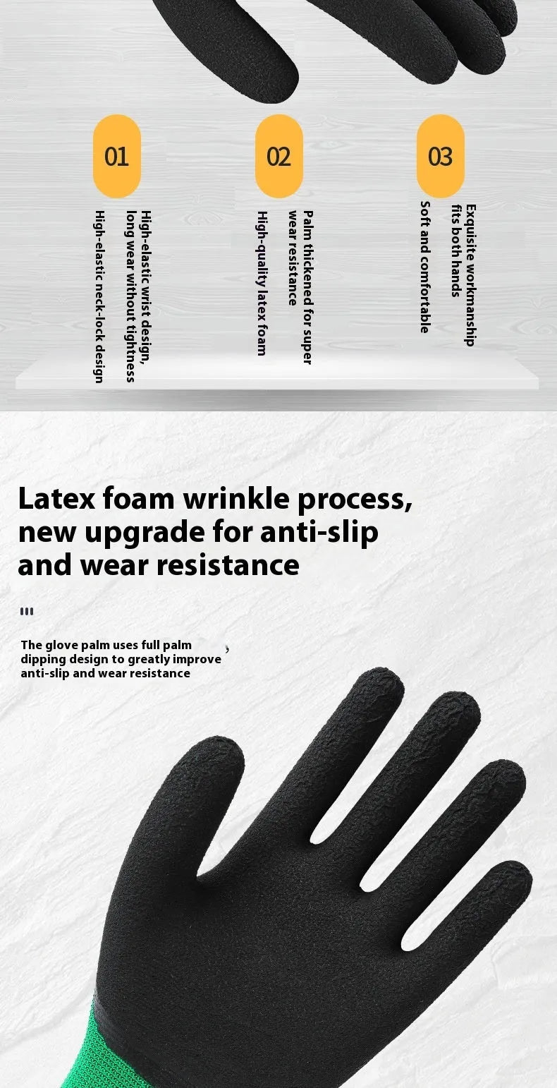 A pair of black and green rubber work gloves with a textured, non-slip surface.
