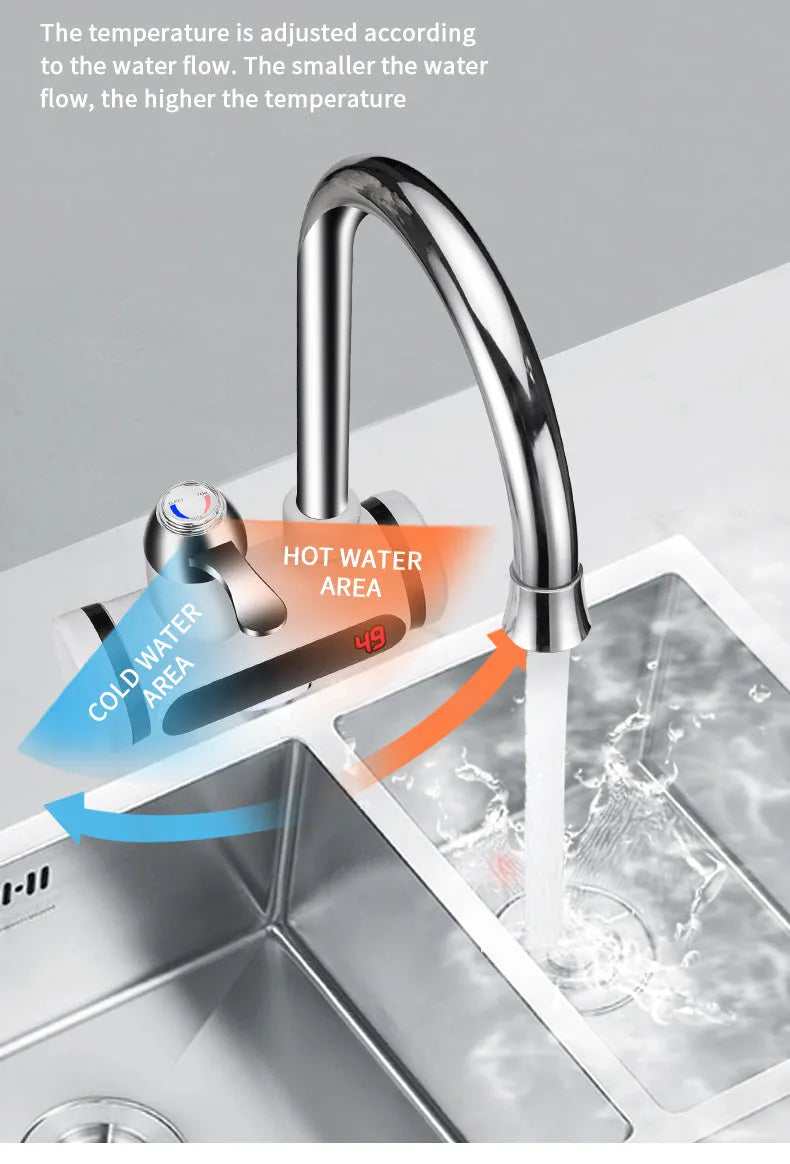 White instant electric water heater tap with digital temperature display for kitchen