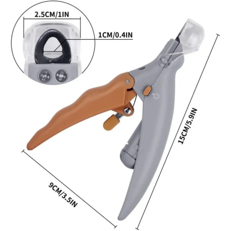 Yellow pet nail clipper with LED light and magnifying lens, safety guard, and non-slip handle
