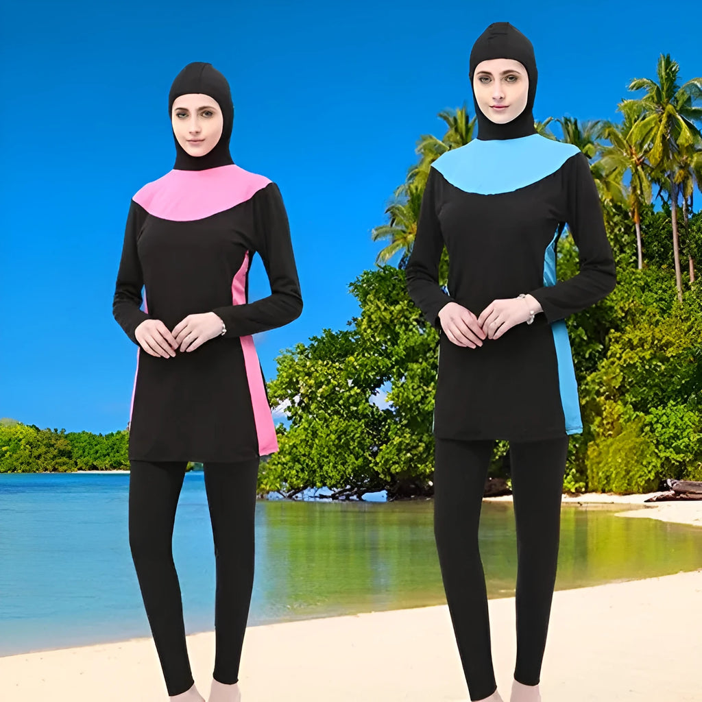 Conservative women's swimsuit with long sleeves and hood in black with coloured accents