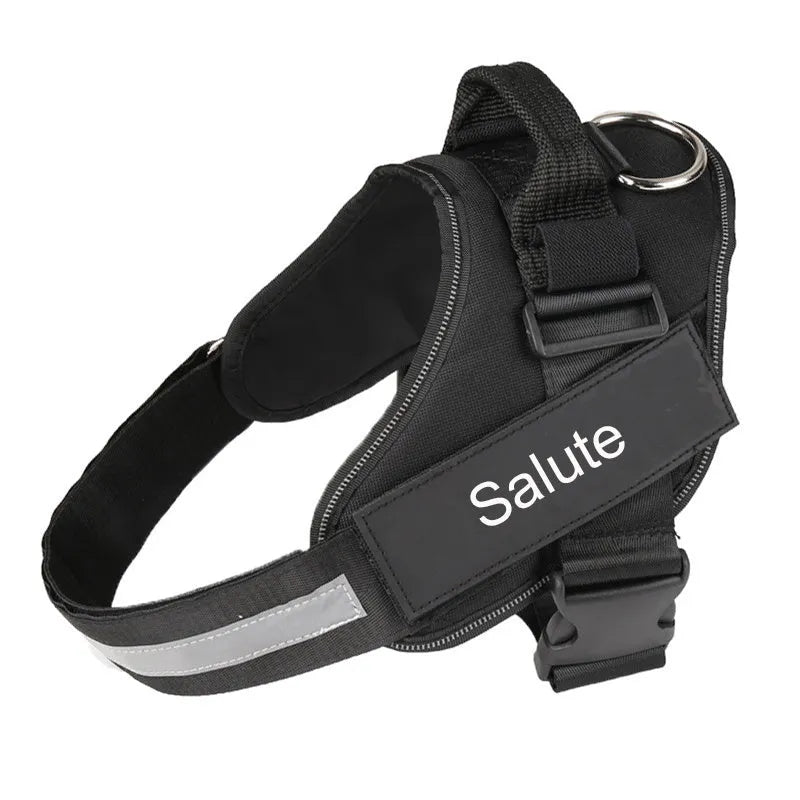Adjustable no-pull dog harness vest with reflective strips and a chest strap, shown in various colours