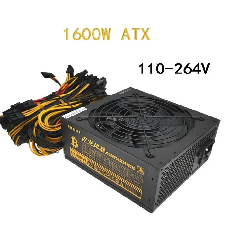 Black server power supply unit with 110V input, multiple GPU power connectors, and a 4+4 CPU pin.