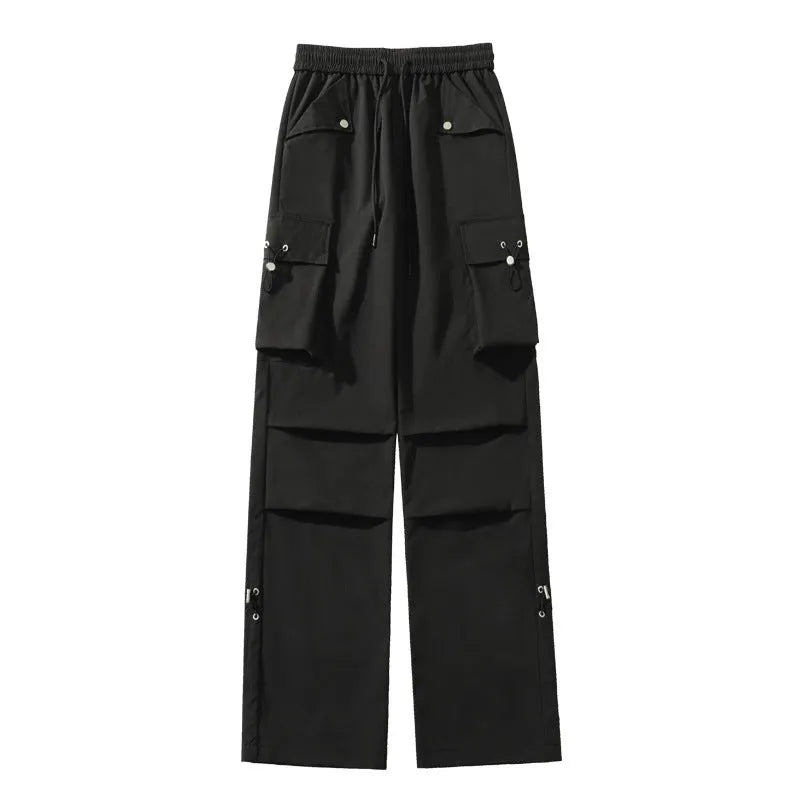 Women's plus size waterproof trousers in black straight-leg design with drawstring waist