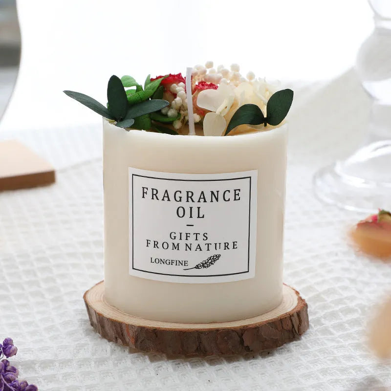 330g aromatherapy candle with embedded dried flowers, available in nine fragrances with optional gift box and wooden base