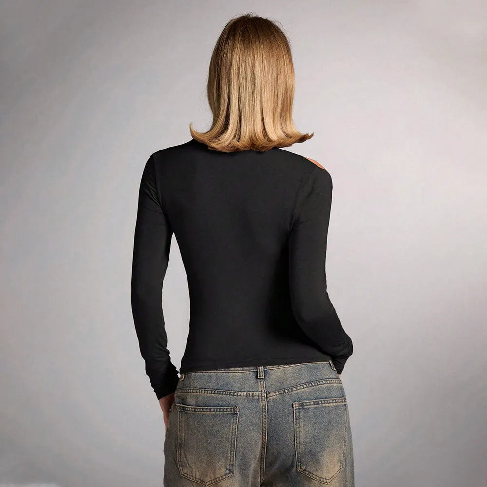 Black women's halter neck top with long sleeves and slim fit silhouette