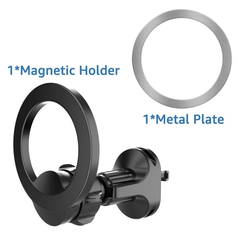 Black magnetic car air vent phone holder with O-ring clip for mobile phones up to 6.8 inches.