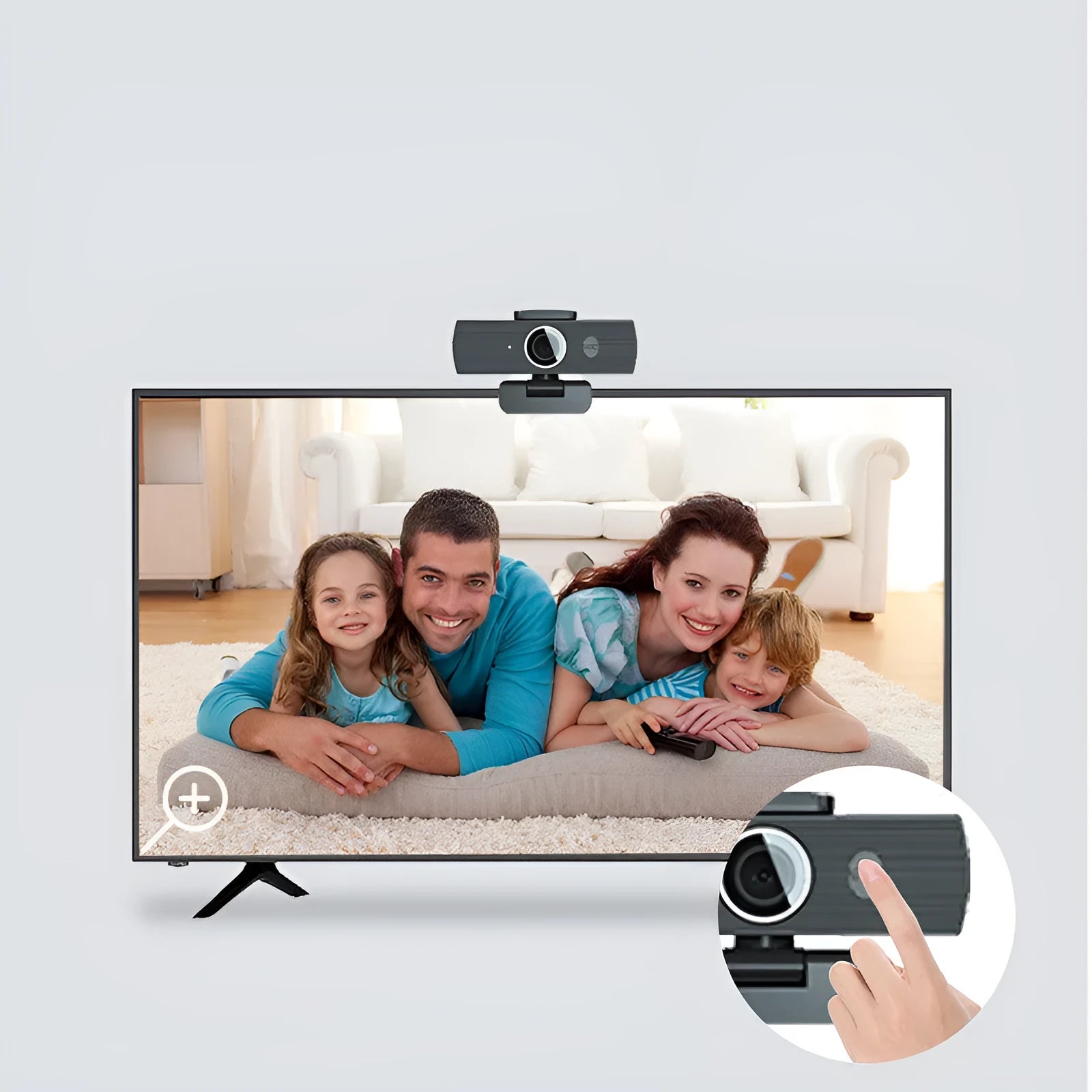 Black USB webcam with magnetic privacy cover showing 8MP 4K resolution for video conferencing