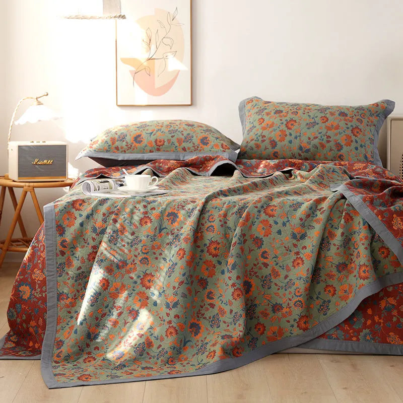Cotton gauze bed blanket and matching pillowcases with plant and flower pattern in multiple size options