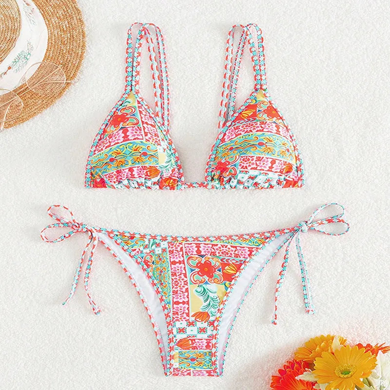 Women's lace-up backless swimsuit with adjustable ties and high-waisted bikini bottoms