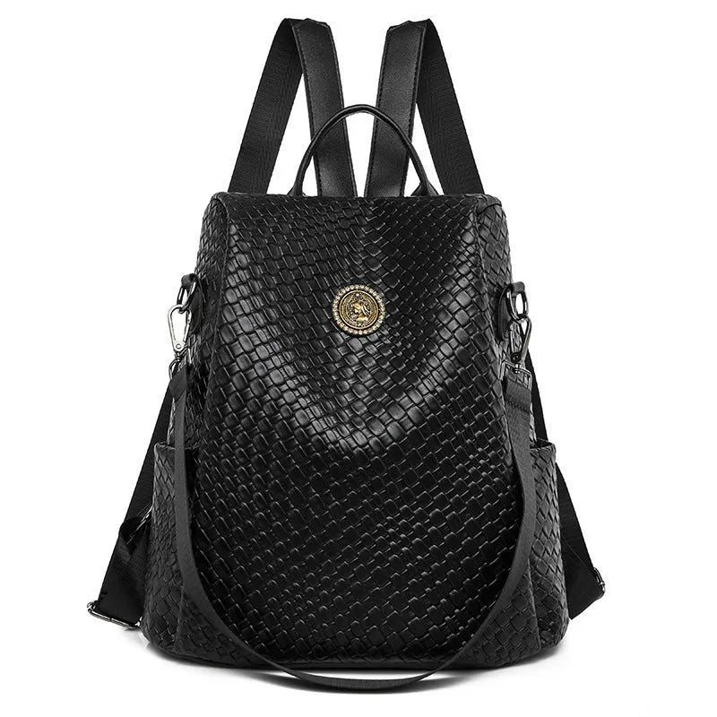 Women's black anti-theft backpack with weaving detail and organisational compartments