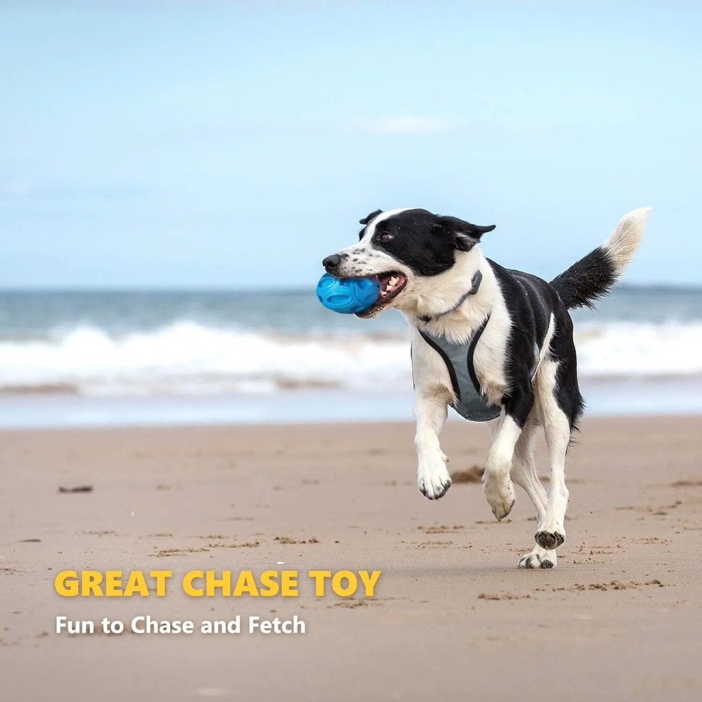 Blue, green, and orange natural rubber squeaky dog chew ball for aggressive chewers.