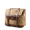 Khaki cotton Knight messenger bag showing front with rivets and internal organiser pockets.