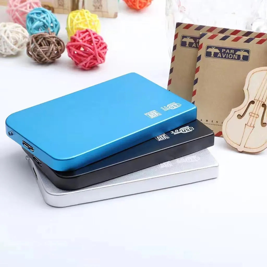USB 3.0 solid state mobile hard disk in metal shell, available in black, blue, red, and silver.